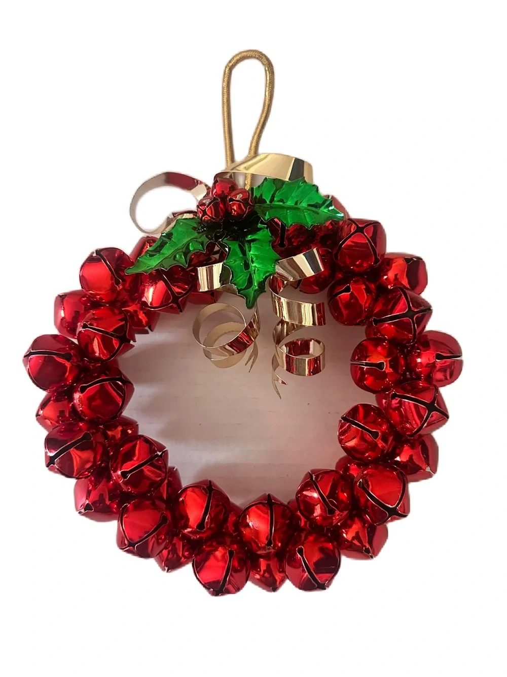 Vintage Red Jingle Bell Wreath Holiday Door Hanger Christmas Decor Holly Bells